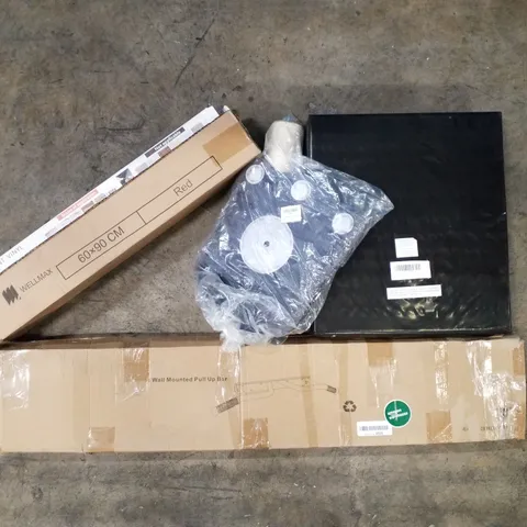 PALLET CONTAINING ASSORTED PRODUCTS TO INCLUDE WALL MOUNTED PULL UP BAR, CAT SCRATCHING POST, TRANSPARENT VINYL, CHRISTMAS DECORATIONS