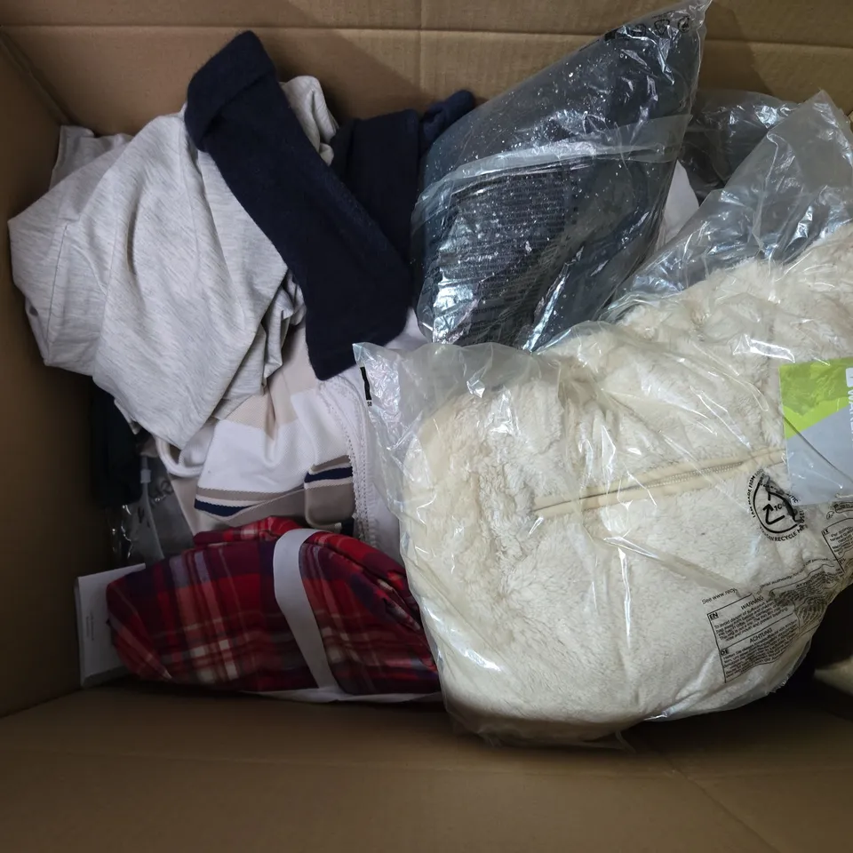 LARGE BOX OF ASSORTED CLOTHING ITEMS IN VARIOUS SIZES, STYLES AND COLOUR 