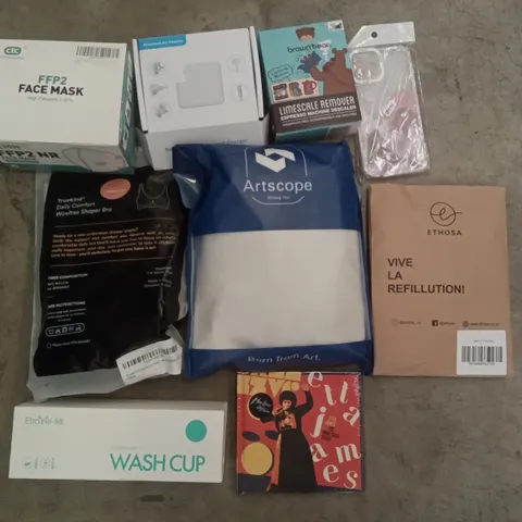 PALLET OF ASSORTED ITEMS INCLUDING FACE MASK, ETRAYEL WASH CUP, NOTEBOOK AC ADAPTER, BROWN BEAR LIMESCALE REMOVER, IPHONE CASE, WIRE FREE SHAPER BRA