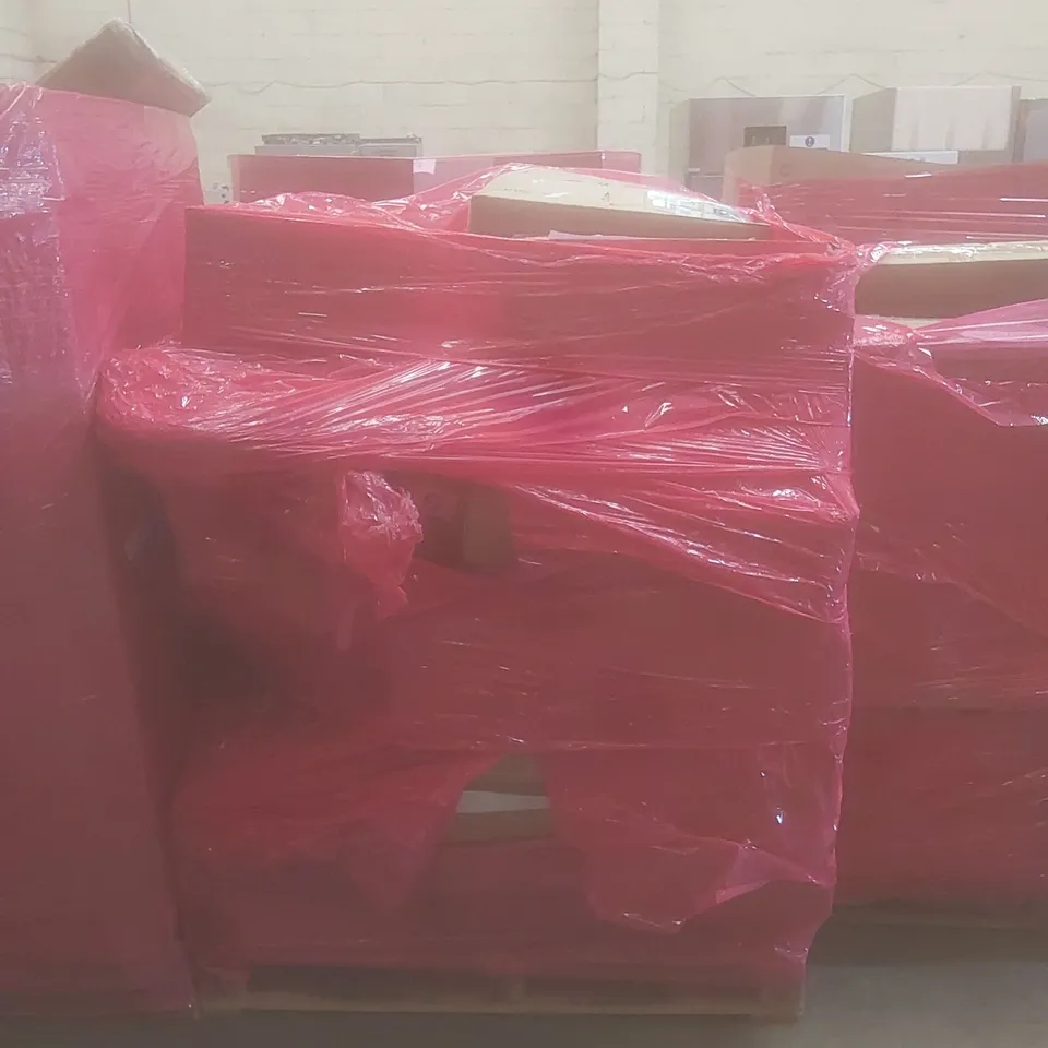 PALLET OF ASSORTED HOUSEHOLD GOODS AND PRODUCTS TO INCLUDE; TRANSPORT DOLLY, A LARGE NUMBER OF KIDS PLAYPENS AND MATS, BOXED FURNITURE ETC 
