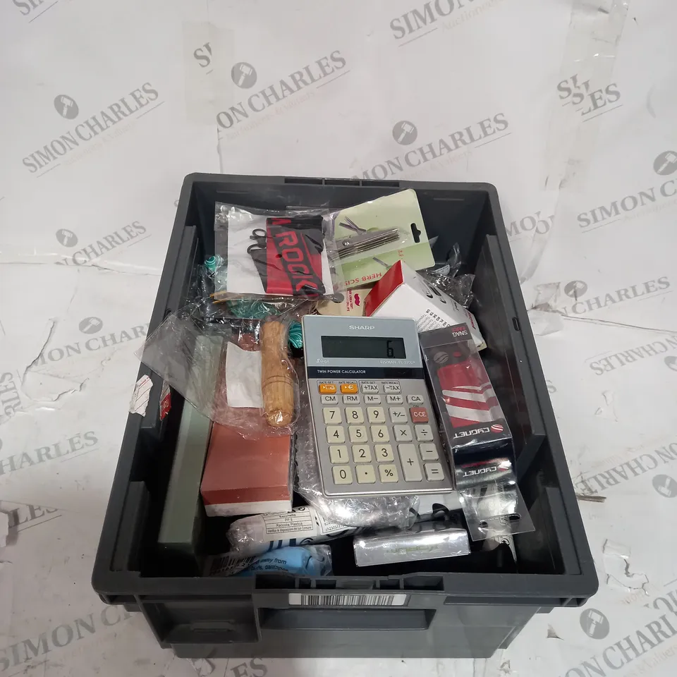 TOTE OF APPROXIMATELY 15 ASSORTED HOUSEHOLD  ITEMS TOO INCLUDE CALCULATORS , KNIFE SHARPENERS AND SCISSORS 