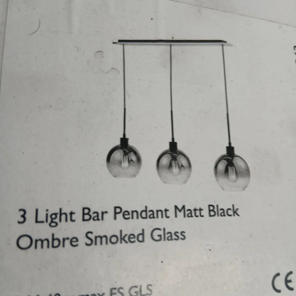 BOXED DAR 3 LIGHT BAR PENDANT MATT BLACK OMBRE SMOKED GLASS