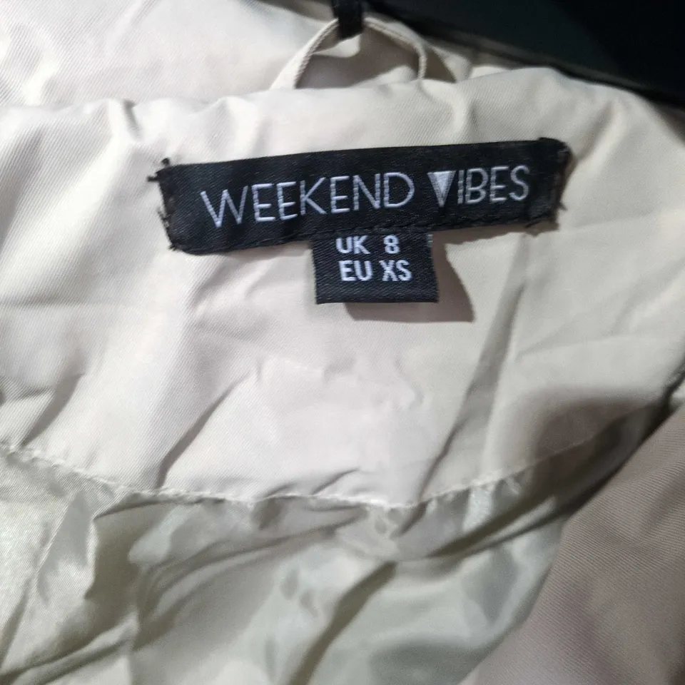  WEEKEND VIBES BEIGE PUFFER COAT, BELTED - SIZE UK 8 