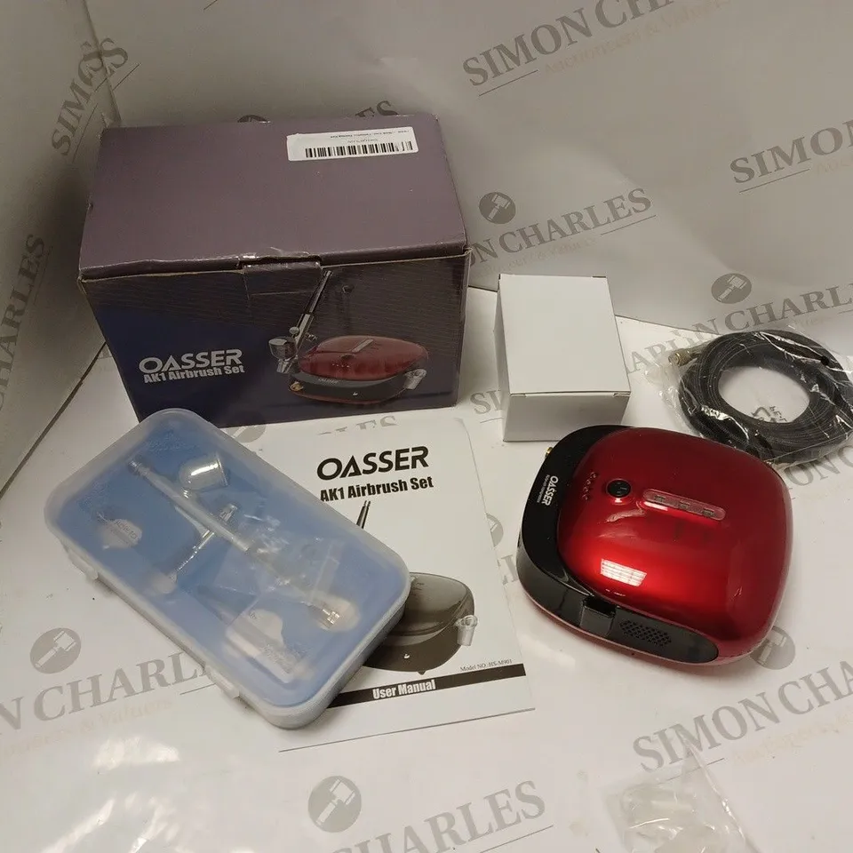 BOXED OASSER AK1 AIRBRUSH SET, WITH A/C POWER SUPPLY, BOX OF ACCESSORIES AND USER MANUAL