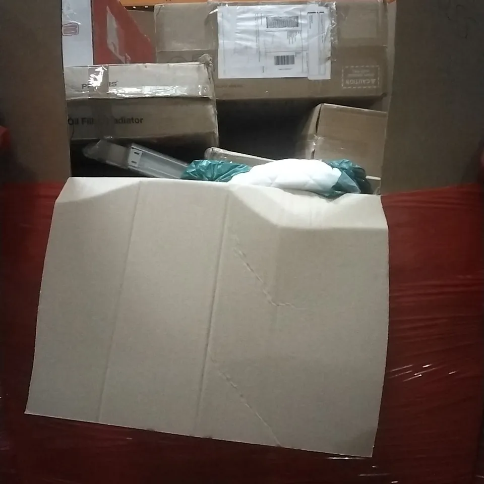 PALLET OF HOUSEHOLD ITEMS TO INCLUDE TEDDY BEAR,DANCE MAT, CLOTHES HANGER, OIL FILLED RADIATOR AND OTHER ASSORTED ITEMS...