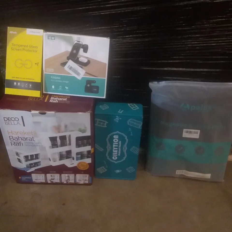 PALLET OF ASSORTED ITEMS INCLUDING SCREEN PROTECTOR, WIRELESS CHARGER, SLIDING SOICE STORAGE RACK, CABINET HANDLE, MAGNETIC SCREEN DOOR