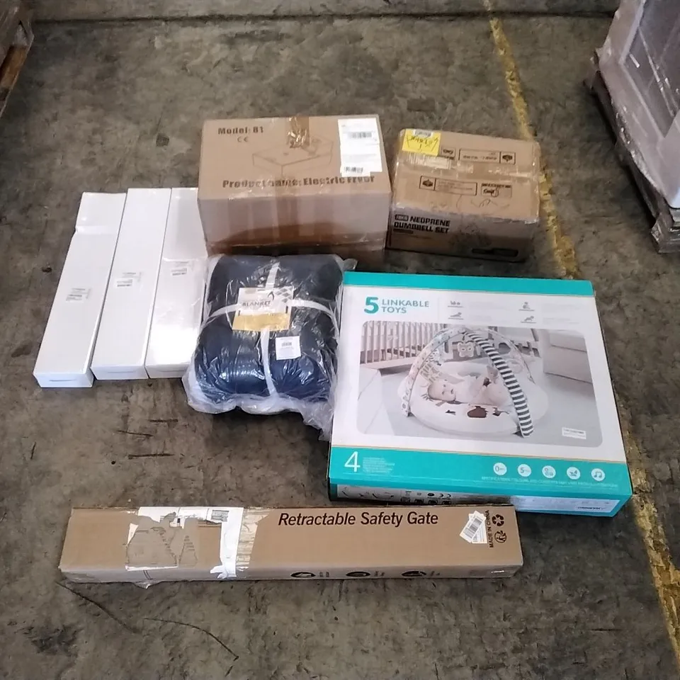 PALLET OF ASSORTED ITEMS TO INCLUDE: ELECTRIC FRYER, 18KG NEOPRENE DUMBELL SET, BABY GYM, RETRACTABLE SAFETY GATE, BATHROOM RISER RAILS, FLANNEL SHERPA BLANKET ECT