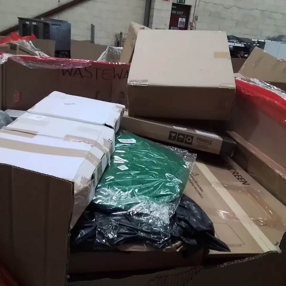 PALLET OF ASSORTED HOUSEHOLD GOODS AND PRODUCTS TO INCLUDE;TV STAND,RETRACTABLE SAFETY GATE,TV STAND WALL MOUNT