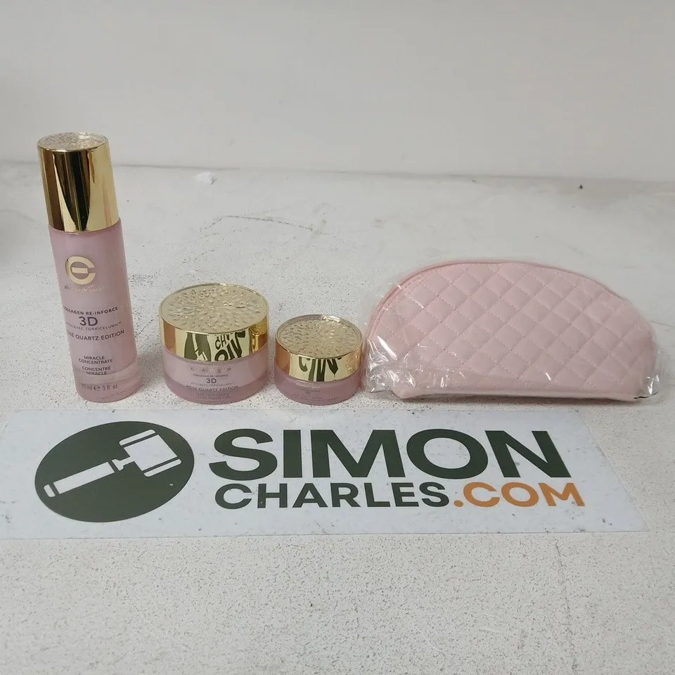 ELIZABETH ARDEN COLLAGEN RE-INFORCE 3D MIRACLE CONCENTRATE SERUM SET WITH 2 ROSE QUARTZ EDITION MOISTURISERS & PINK QUILTED COSMETIC BAG