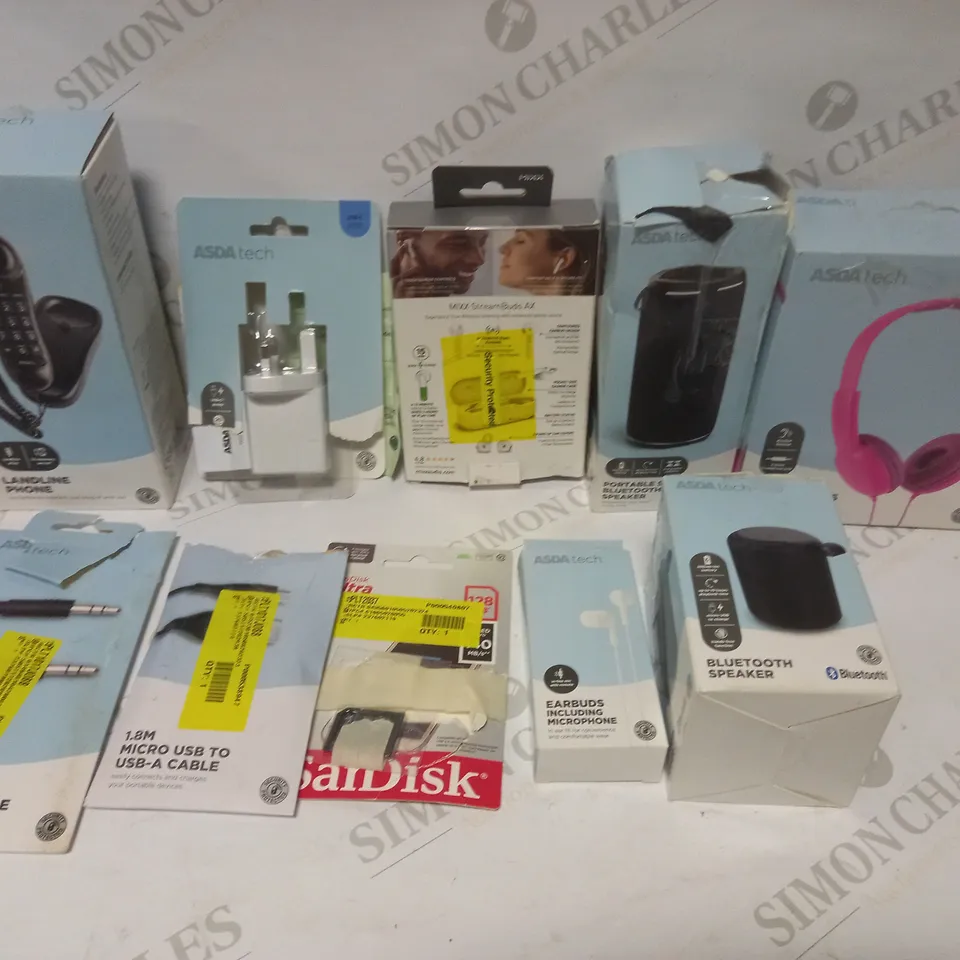 BOX TO CONTAIN APPROX. 20 X ASSORTED TECH PRODUCTS, INCLUDES CHARGING CABLES, SPEAKER, EARPHONES, HEADSET ETC 