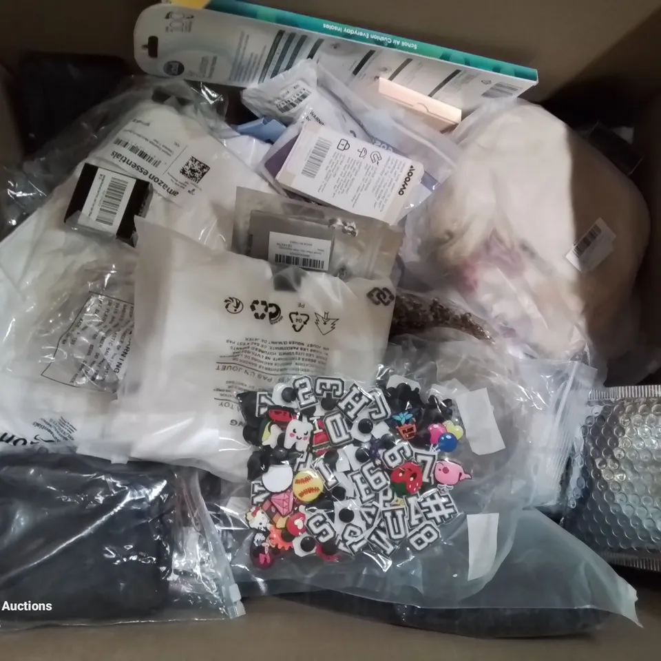 BOX CONTAINING LARGE AMOUNT OF MIXED FASHION ITEMS, SILVER PLATE AND COSTUME JEWELLERY, CLOTHING ITEMS ETC.