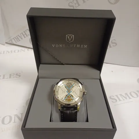 MENS VONLANTHEN AUTOMATIC WATCH β SILVER AND BLUE TEXTURED DIAL - GLASS EXHIBITION BACKCASE β BLACK LEATHER STRAP