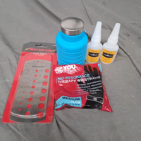 APPROXIMATELY 15 HOUSEHOLD ITEMS TO INCLUDE DRILL GAUGE, SUPER GLUE AND THERAPY WRISTBAND