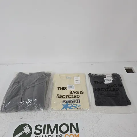 BOX OF ASSORTED COTTON ON CLOTHES INCLUDING SUPER BAGGY TRACK PANTS, A BOX FIT GRAPHIC TEE AND A SUNDAY SCOOP LONG SLEEVE