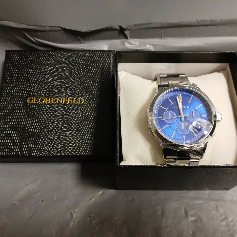 GLOBENFELD MARKSMAN SILVER BLUE DIAL STAINLESS STEEL CASE WATCH 