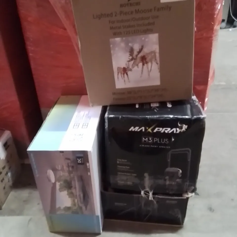 PALLET OF ASSORTED HOUSEHOLD GOODS AND PRODUCTS TO INCLUDE;CEILING FAN,PAINT SPRAYER MACHINE,2 PEICE MOOSE FAMILY DECORATION