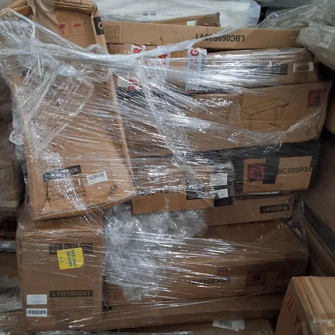 PALLET OF ASSORTED ITEMS TO INCLUDE MULTIPLE BOXED CHAIRS, COMPUTERS DESK AND LAUNDRY HAMPER