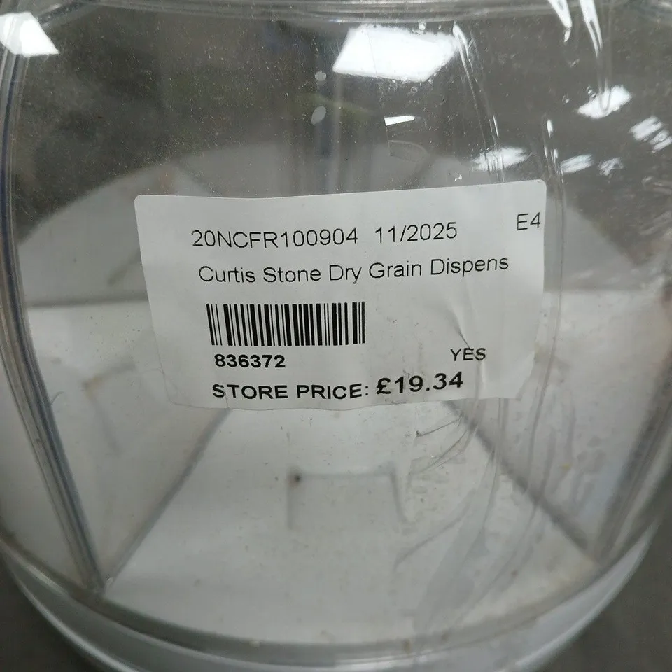 CURTIS STONE DRY GRAIN DISPENSER – CLEAR JAR, WHITE BASE