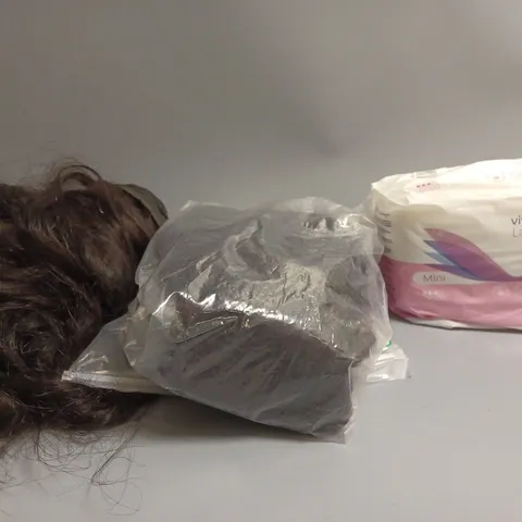 LOT OF ASSORTED HAIR AND SANATORY PRODUCTS TOO INCLUDE HAIR EXTENSIONS , PADS AND HAIR BANDS