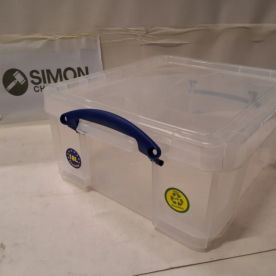 CLEAR PLASTIC STORAGE BOX WITH LID, 18L CAPACITY, BLUE CARRY HANDLE