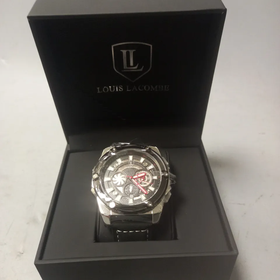 LOUIS LACOMBE STAINLESS STEEL GENTS CHRONOGRAPH WATCH WITH BLACK STRAP IN GIFT BOX