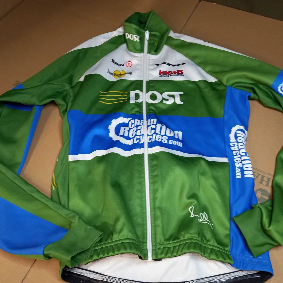 SPIN 11 POST CYCLING THEMED JACKET IN GREEN- SMALL