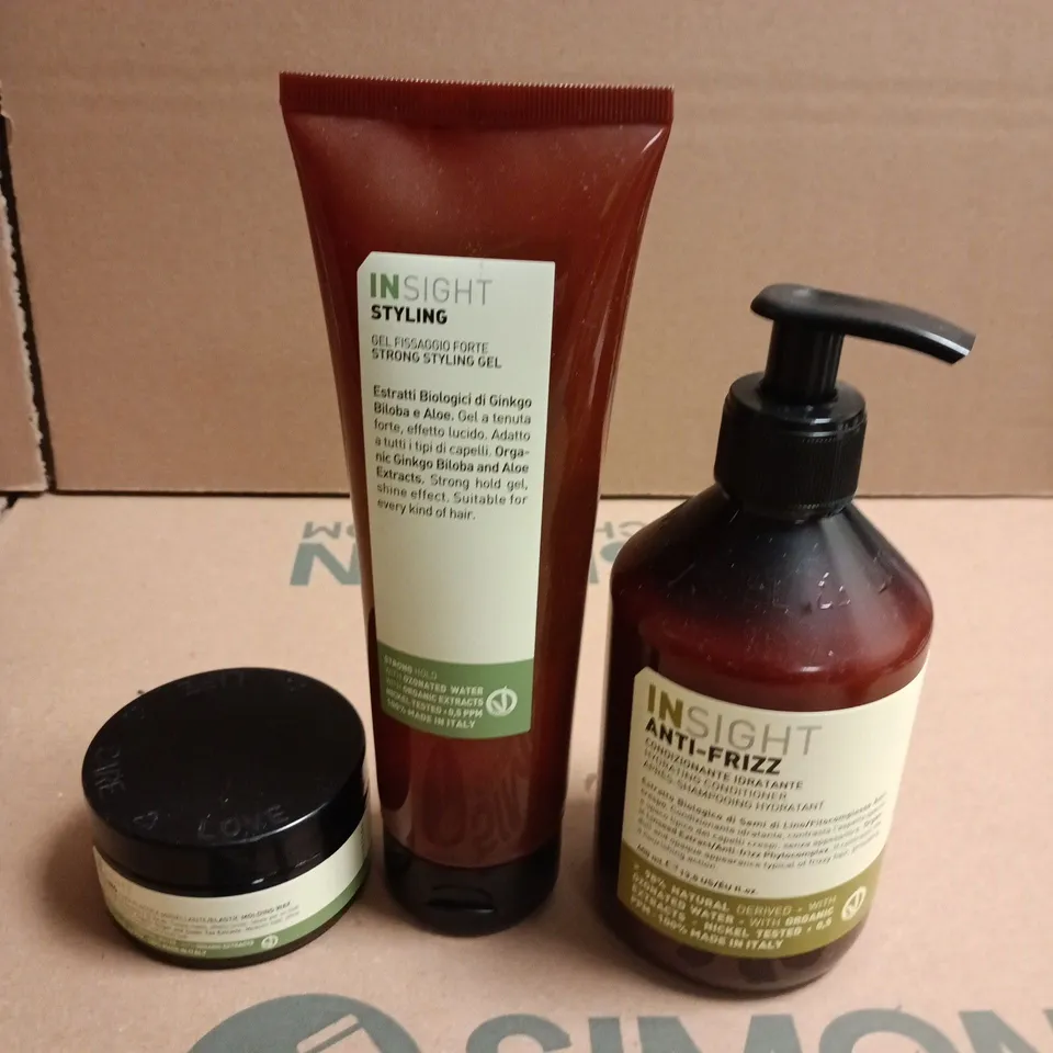 BOX OF APPROXIMATELY 8 INSIGHT HAIRCARE PRODUCTS TO INCLUDE HYDRATING CONDITIONER, STRONG STYLING GEL AND ELASTIC MOULDING WAX