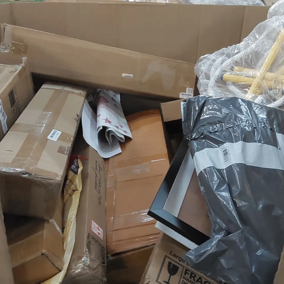 PALLET OF ASSORTED CONSUMER PRODUCTS TO INCLUDE: HEATED BLANKET, RETRACTABLE SAFETY GATE, FOLDING CHAIR, LED BATTERN LIGHT, PICTURE FRAMES ECF