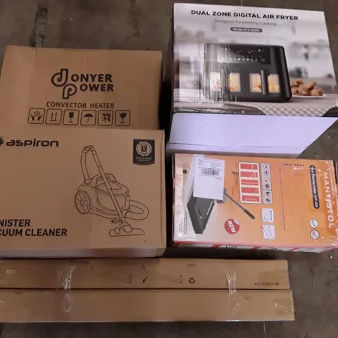 PALLET OF ASSORTED PRODUCTS INCLUDING CONVECTOR HEATER, CANISTER VACUUM CLEANER, SAFETY HANDLES, DIGITAL AIR FRYER, VINYL FLOOR CUTTER