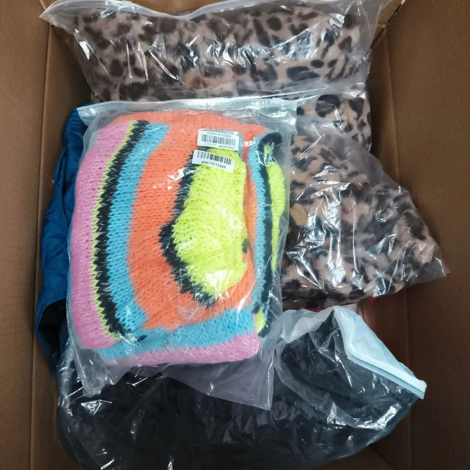 LARGE BOX OF APPROXIMATELY 25 ASSORTED CLOTHING ITEMS IN VARIOUS COLOURS, STYLES AND SIZES - COLLECTION ONLY