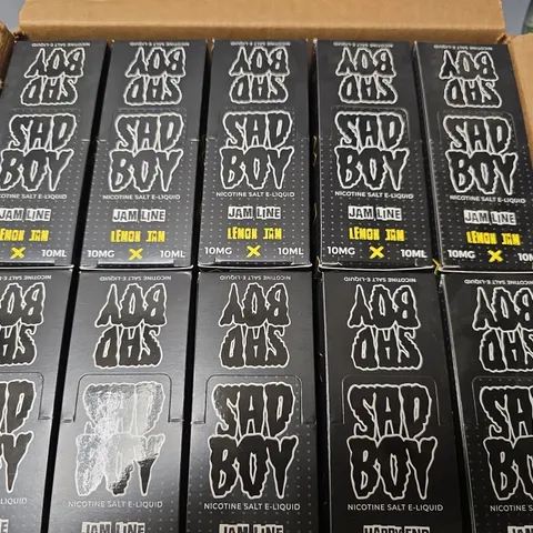 BOX OF APPROXIMATELY 15 ASSORTED SAD BOY E-LIQUID PRODUCTS TO INCLUDE - JAM LINE STRAWBERRY , JAM LINE LEMON JAM , HAPPY ENDING PINK COTTON CANDY