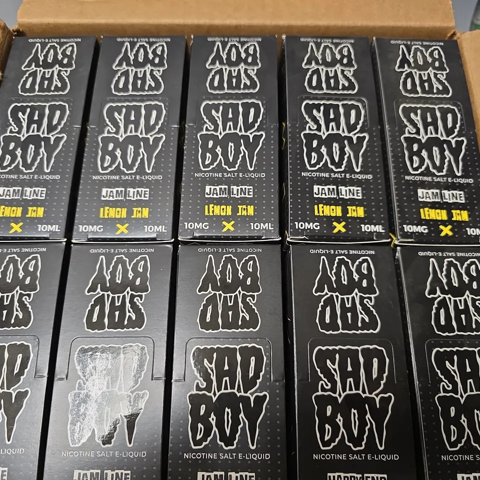 BOX OF APPROXIMATELY 15 ASSORTED SAD BOY E-LIQUID PRODUCTS TO INCLUDE - JAM LINE STRAWBERRY , JAM LINE LEMON JAM , HAPPY ENDING PINK COTTON CANDY
