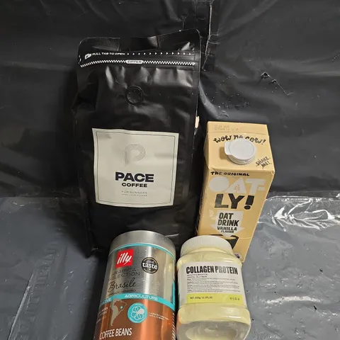 APPROXIMATELY 10 ASSORTED FOOD ITEMS TO INCLUDE - PACE COFFEE, COLLAGEN PROTEIN AND OATLY