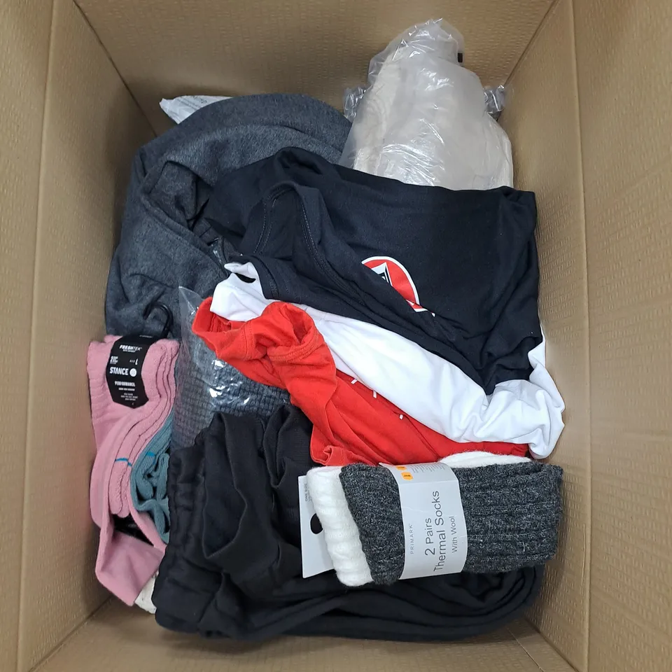 BOX OF ASSORTED CLOTHING ITEMS TO INCLUDE TOPS, JOGGERS, SOCKS ETC 