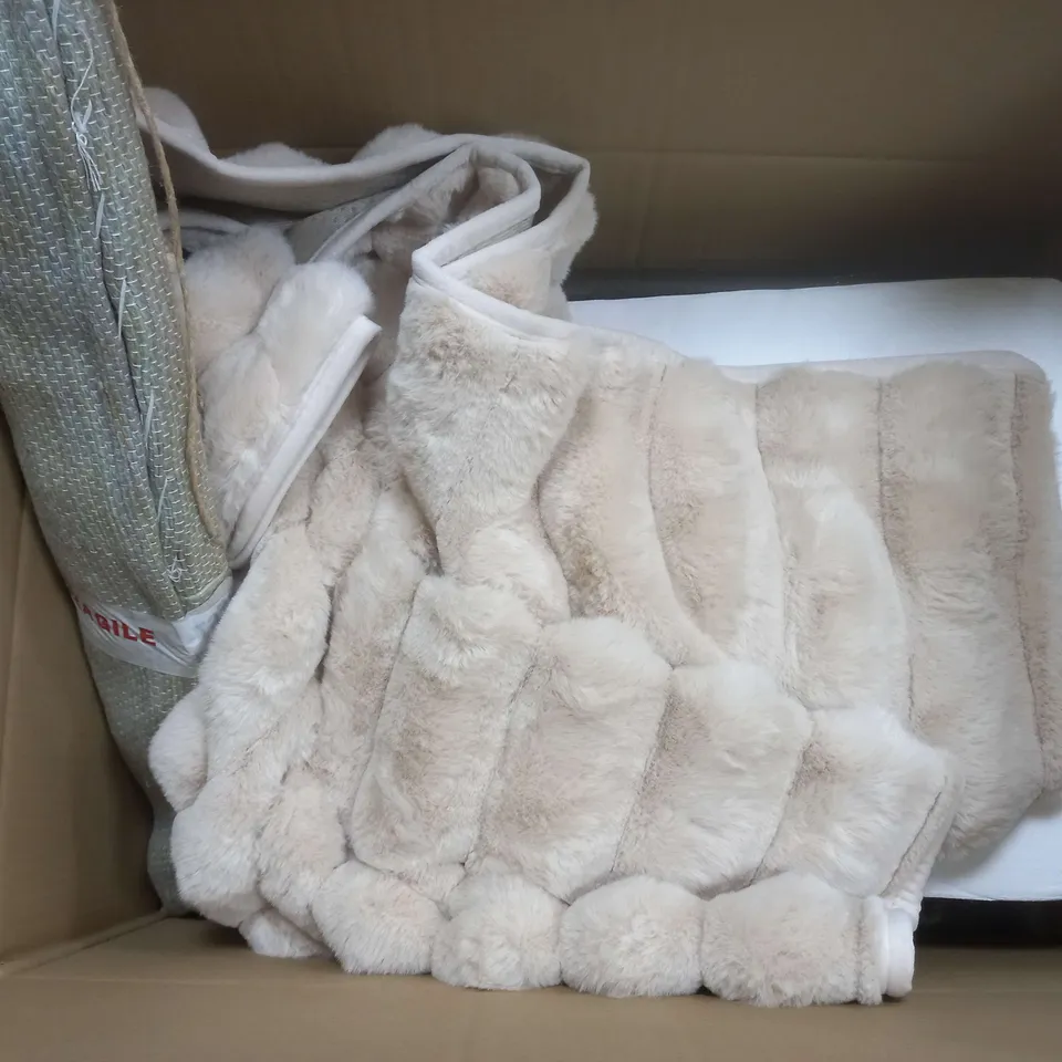 BOX OF APROXIMATELY 15 ASSORTED HOUSEHOLD ITEMS TOO INCLUDE BLANKETS , WALKING STICKS , SAFETY GLOVES , ETC