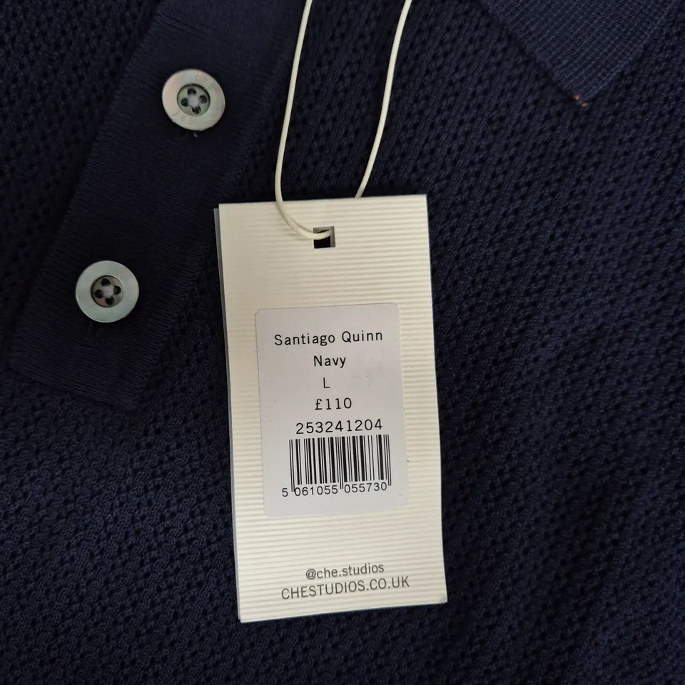 CHE STUDIO NAVY KNIT POLO SHIRT, SIZE L