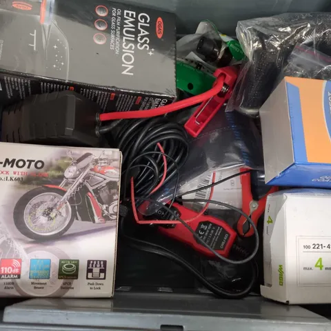 box of assorted car items to include - fd-moto - glass emulsion - car jumper pack 