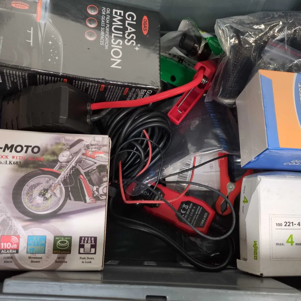 box of assorted car items to include - fd-moto - glass emulsion - car jumper pack 