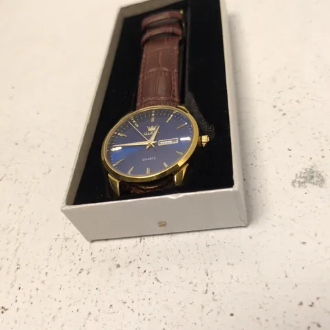 OLEVS Quartz wristwatch – blue dial, gold-tone case, brown leather strap 