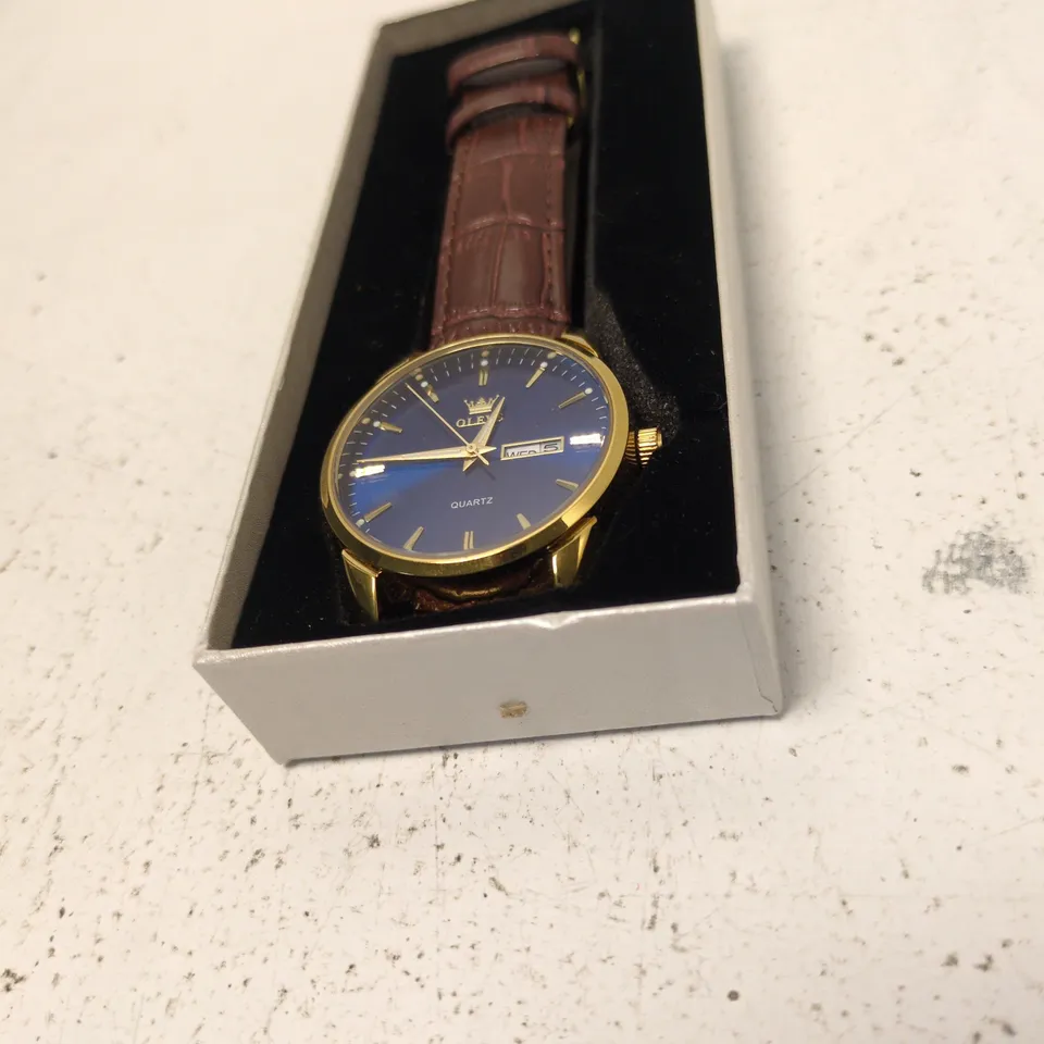 OLEVS Quartz wristwatch – blue dial, gold-tone case, brown leather strap