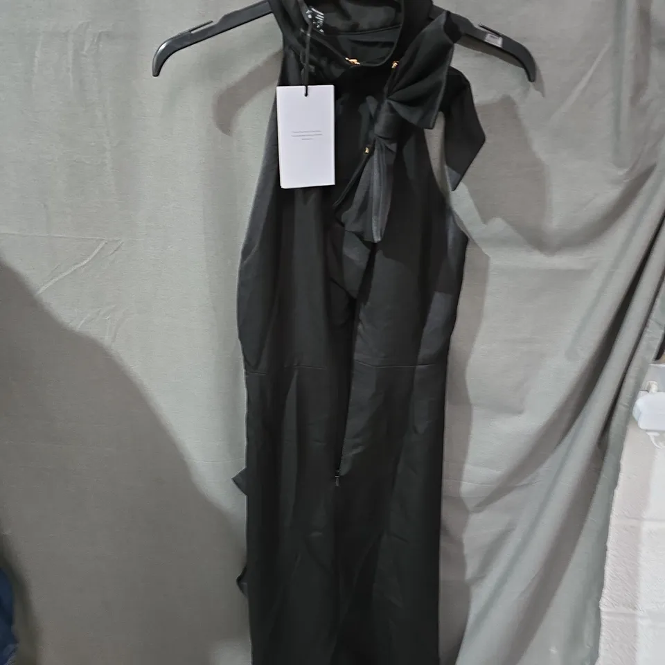 CLUB L LONDON MAUREEN BLACK SATIN HIGH-NECK DRAPED MAXI DRESS – UK 10