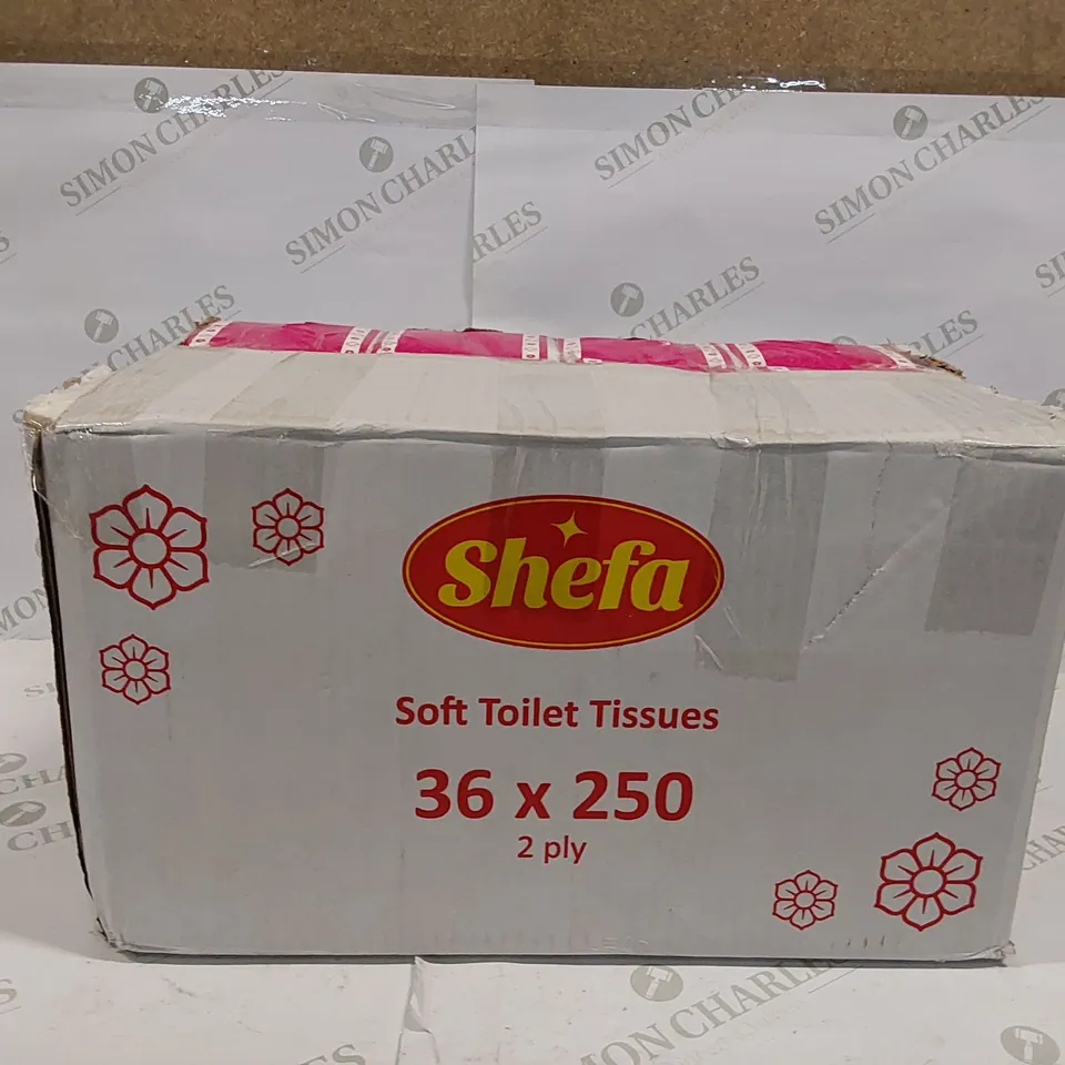 BOX OF APPROXIMATELY 36 X 250PCS SHEFA 2 PLY SOFT TOILET TISSUES (1 BOX)