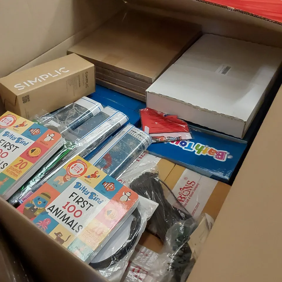 PALLET CONTAINING ASSORTED HOUSEHOLD AND HOMEWARE PRODUCTS. INCLUDES STICKERS, TOYS, CLOTHES, BATHROOM SCALE, WATER BOTTLES ETC 