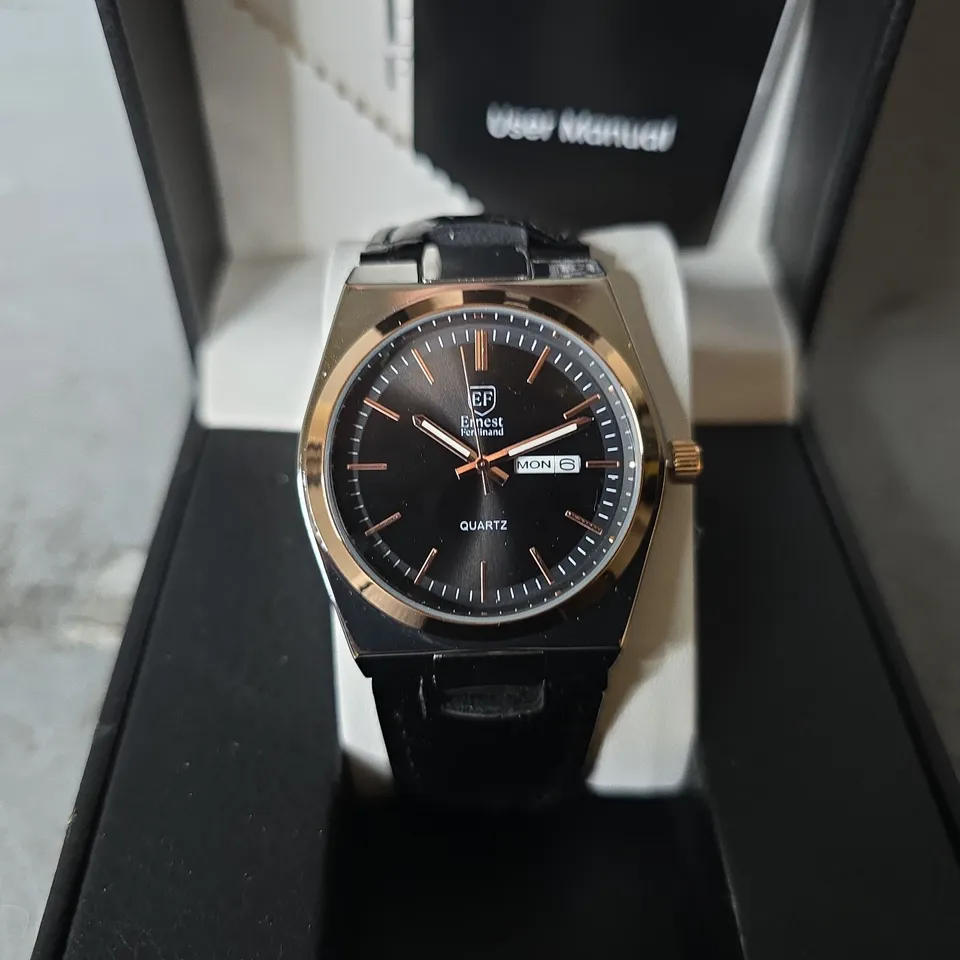 ERNEST FERDINAND WATCH – DAY DATE CALENDAR DIAL – LEATHER STRAP – 3ATM WATER RESISTANT - GIFT BOX