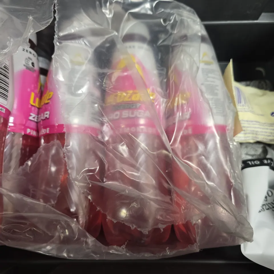 APPROXIMATELY 11 ASSORTED FOOD & DRINK ITEMS TO INCLUDE - MALTESERS , CITIZENS OF SOIL OLIVE OIL , LUCOZADE PINK LEMONADE ETC