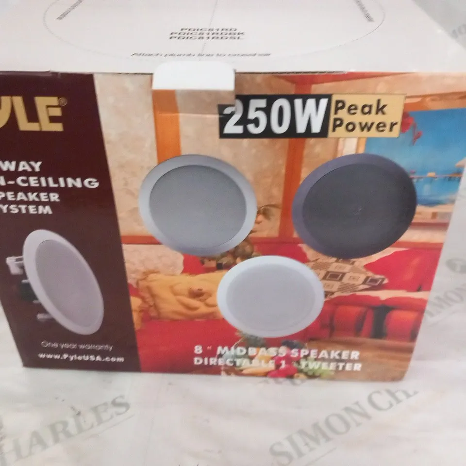 BOXED PYLE 2-WAY IN CEILING SPEAKER SYSTEM 250W PEAK POWER 8" MIDBASS SPEAKER DIRECTABLE 1" TWEETER