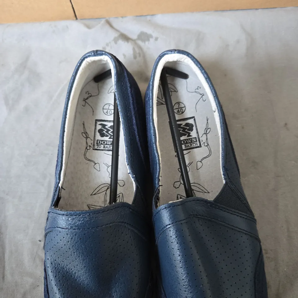 BLUE PERFORATED LEATHER-LOOK SLIP-ON LOAFERS – WOMEN’S, UK 7 (EU 40) DOWN TO EARTH .
