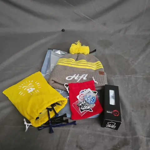 HELL FOR LEATHER ASSORTMENT OF GOLFING ACCESSORIES TO INCLUDE - BEANIE - TEES - GOLF BALLS