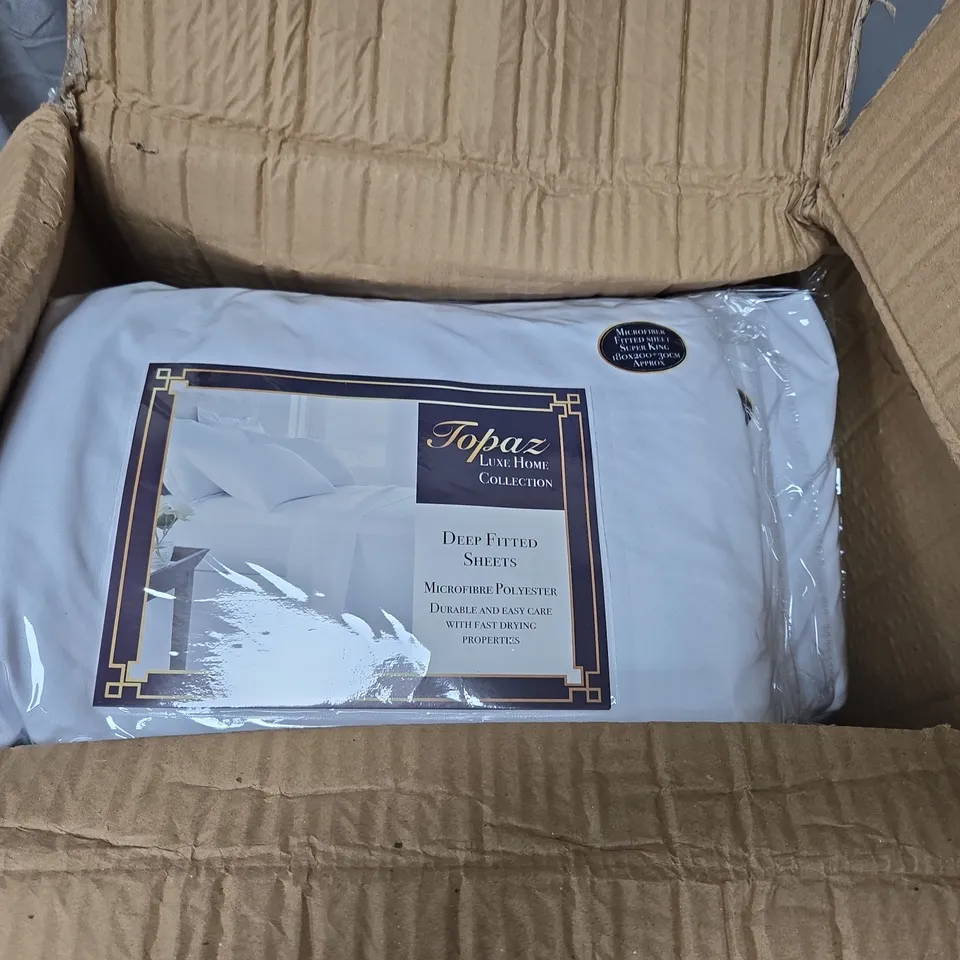 APPROXIMATELY 10 TOPAZ LUXE HOME COLLECTION DEEP FITTED SHEETS – WHITE - MICROFIBRE POLYESTER - SUPER KINGSIZE