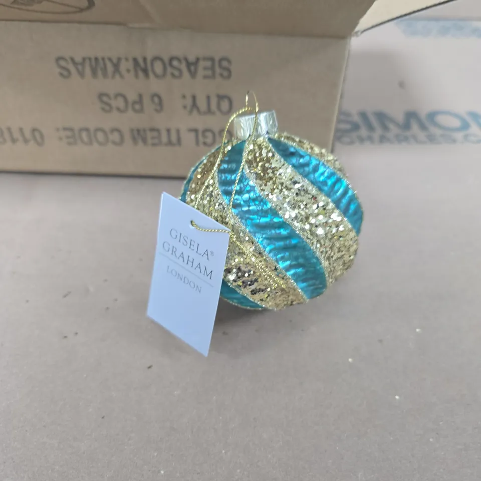 BOX OF 6 GOLD AND GREEN GISELA GRAHAM HANGING DECORATIONS